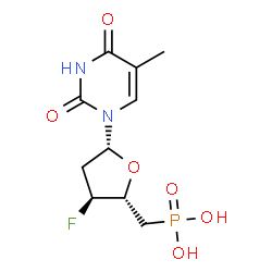 ChemSpider 2D Image | {[(2S,3S,5R)-3-Fluoro-5-(5-methyl-2,4-dioxo-3,4-dihydro-1(2H)-pyrimidinyl)tetrahydro-2-furanyl]methyl}phosphonic acid | C10H14FN2O6P