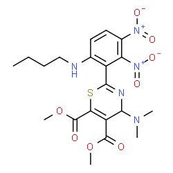 ChemSpider 2D Image | Dimethyl 2-[6-(butylamino)-2,3-dinitrophenyl]-4-(dimethylamino)-4H-1,3-thiazine-5,6-dicarboxylate | C20H25N5O8S