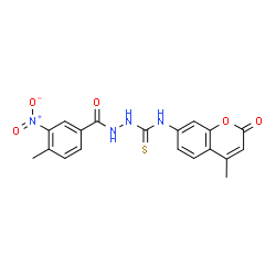 ChemSpider 2D Image | 2-(4-Methyl-3-nitrobenzoyl)-N-(4-methyl-2-oxo-2H-chromen-7-yl)hydrazinecarbothioamide | C19H16N4O5S