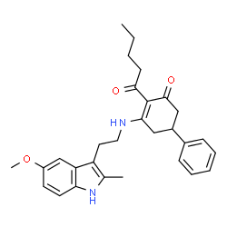 ChemSpider 2D Image | 3-{[2-(5-Methoxy-2-methyl-1H-indol-3-yl)ethyl]amino}-2-pentanoyl-5-phenyl-2-cyclohexen-1-one | C29H34N2O3
