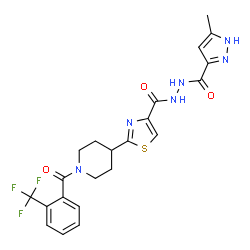 ChemSpider 2D Image | N'-[(5-Methyl-1H-pyrazol-3-yl)carbonyl]-2-{1-[2-(trifluoromethyl)benzoyl]-4-piperidinyl}-1,3-thiazole-4-carbohydrazide | C22H21F3N6O3S