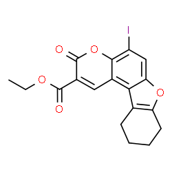 ChemSpider 2D Image | Ethyl 5-iodo-3-oxo-8,9,10,11-tetrahydro-3H-[1]benzofuro[3,2-f]chromene-2-carboxylate | C18H15IO5