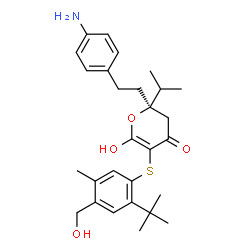 ChemSpider 2D Image | (2R)-2-[2-(4-Aminophenyl)ethyl]-6-hydroxy-5-{[4-(hydroxymethyl)-5-methyl-2-(2-methyl-2-propanyl)phenyl]sulfanyl}-2-isopropyl-2,3-dihydro-4H-pyran-4-one | C28H37NO4S