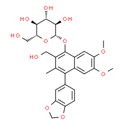 ChemSpider 2D Image | 4-(1,3-Benzodioxol-5-yl)-2-(hydroxymethyl)-6,7-dimethoxy-3-methyl-1-naphthyl beta-D-glucopyranoside | C27H30O11