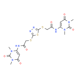 ChemSpider 2D Image | 2,2'-(1,3,4-Thiadiazole-2,5-diyldisulfanediyl)bis[N-(1,3-dimethyl-2,6-dioxo-1,2,3,6-tetrahydro-4-pyrimidinyl)acetamide] | C18H20N8O6S3