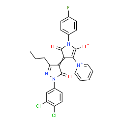 ChemSpider 2D Image | 4-[1-(3,4-Dichlorophenyl)-5-oxo-3-propyl-1,5-dihydro-4H-pyrazol-4-ylidene]-1-(4-fluorophenyl)-5-oxo-3-(1-pyridiniumyl)-4,5-dihydro-1H-pyrrol-2-olate | C27H19Cl2FN4O3