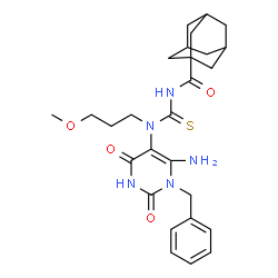 ChemSpider 2D Image | N-[(6-Amino-1-benzyl-2,4-dioxo-1,2,3,4-tetrahydro-5-pyrimidinyl)(3-methoxypropyl)carbamothioyl]-1-adamantanecarboxamide | C27H35N5O4S