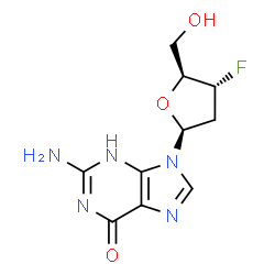 ChemSpider 2D Image | 2-Amino-9-(2,3-dideoxy-3-fluoro-beta-L-erythro-pentofuranosyl)-3,9-dihydro-6H-purin-6-one | C10H12FN5O3