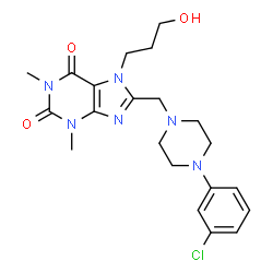 ChemSpider 2D Image | 8-{[4-(3-Chlorophenyl)-1-piperazinyl]methyl}-7-(3-hydroxypropyl)-1,3-dimethyl-3,7-dihydro-1H-purine-2,6-dione | C21H27ClN6O3