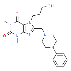 ChemSpider 2D Image | 7-(3-Hydroxypropyl)-1,3-dimethyl-8-[(4-phenyl-1-piperazinyl)methyl]-3,7-dihydro-1H-purine-2,6-dione | C21H28N6O3