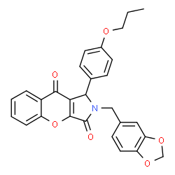 ChemSpider 2D Image | 2-(1,3-Benzodioxol-5-ylmethyl)-1-(4-propoxyphenyl)-1,2-dihydrochromeno[2,3-c]pyrrole-3,9-dione | C28H23NO6
