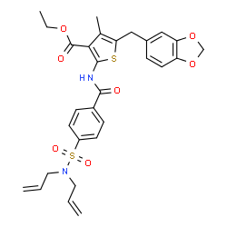 ChemSpider 2D Image | Ethyl 5-(1,3-benzodioxol-5-ylmethyl)-2-{[4-(diallylsulfamoyl)benzoyl]amino}-4-methyl-3-thiophenecarboxylate | C29H30N2O7S2