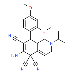 ChemSpider 2D Image | 6-Amino-8-(2,4-dimethoxyphenyl)-2-isopropyl-2,3,8,8a-tetrahydro-5,5,7(1H)-isoquinolinetricarbonitrile | C23H25N5O2