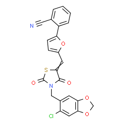 ChemSpider 2D Image | 2-[5-({3-[(6-Chloro-1,3-benzodioxol-5-yl)methyl]-2,4-dioxo-1,3-thiazolidin-5-ylidene}methyl)-2-furyl]benzonitrile | C23H13ClN2O5S