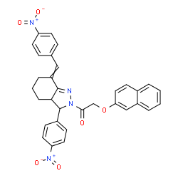 ChemSpider 2D Image | 2-(2-Naphthyloxy)-1-[7-(4-nitrobenzylidene)-3-(4-nitrophenyl)-3,3a,4,5,6,7-hexahydro-2H-indazol-2-yl]ethanone | C32H26N4O6