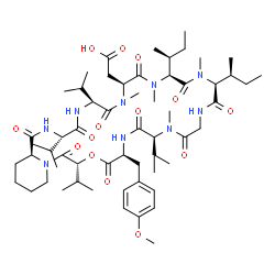 ChemSpider 2D Image | [(3S,6S,9S,12S,15S,21S,24S,27R,33aS)-12,15-Di[(2S)-2-butanyl]-3,6,21,27-tetraisopropyl-24-(4-methoxybenzyl)-8,11,14,20-tetramethyl-1,4,7,10,13,16,19,22,25,28-decaoxodotriacontahydropyrido[1,2-d][1,4,7
,10,13,16,19,22,25,28]oxanonaazacyclotriacontin-9-yl]acetic acid | C58H93N9O14