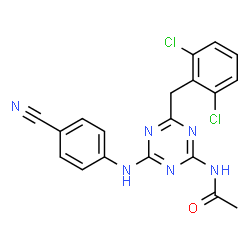 ChemSpider 2D Image | N-{4-[(4-Cyanophenyl)amino]-6-(2,6-dichlorobenzyl)-1,3,5-triazin-2-yl}acetamide | C19H14Cl2N6O