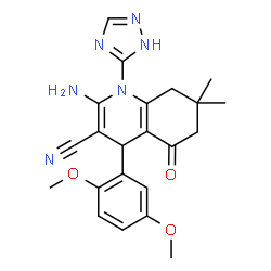 ChemSpider 2D Image | 2-Amino-4-(2,5-dimethoxyphenyl)-7,7-dimethyl-5-oxo-1-(1H-1,2,4-triazol-5-yl)-1,4,5,6,7,8-hexahydro-3-quinolinecarbonitrile | C22H24N6O3