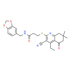 ChemSpider 2D Image | N-(1,3-Benzodioxol-5-ylmethyl)-3-[(3-cyano-4-ethyl-7,7-dimethyl-5-oxo-5,6,7,8-tetrahydro-2-quinolinyl)sulfanyl]propanamide | C25H27N3O4S