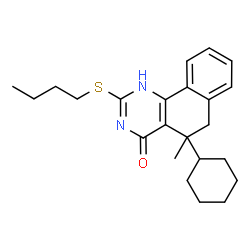 ChemSpider 2D Image | Benzo[h]quinazolin-4(3H)-one, 2-(butylthio)-5-cyclohexyl-5,6-dihydro-5-methyl- | C23H30N2OS