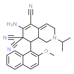 ChemSpider 2D Image | 6-Amino-2-isopropyl-8-(2-methoxy-1-naphthyl)-2,3,8,8a-tetrahydro-5,7,7(1H)-isoquinolinetricarbonitrile | C26H25N5O