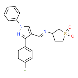 ChemSpider 2D Image | N-{(E)-[3-(4-Fluorophenyl)-1-phenyl-1H-pyrazol-4-yl]methylene}tetrahydrothiophen-3-amine 1,1-dioxide | C20H18FN3O2S