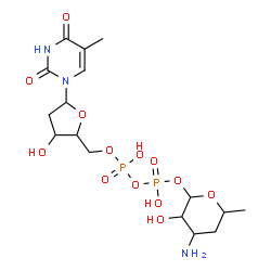 ChemSpider 2D Image | 4-Amino-3-hydroxy-6-methyltetrahydro-2H-pyran-2-yl [3-hydroxy-5-(5-methyl-2,4-dioxo-3,4-dihydro-1(2H)-pyrimidinyl)tetrahydro-2-furanyl]methyl dihydrogen diphosphate | C16H27N3O13P2