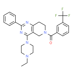 ChemSpider 2D Image | [4-(4-Ethyl-1-piperazinyl)-2-phenyl-7,8-dihydropyrido[4,3-d]pyrimidin-6(5H)-yl][3-(trifluoromethyl)phenyl]methanone | C27H28F3N5O