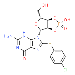 ChemSpider 2D Image | 2-Amino-8-[(4-chlorophenyl)sulfanyl]-9-[(3aR,4R,6R,6aR)-2-hydroxy-6-(hydroxymethyl)-2-oxidotetrahydrofuro[3,4-d][1,3,2]dioxaphosphol-4-yl]-3,9-dihydro-6H-purin-6-one | C16H15ClN5O7PS