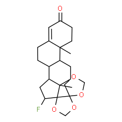 ChemSpider 2D Image | 16-Fluoro-10,13-dimethyl-1,6,7,8,9,10,11,12,13,14,15,16-dodecahydrodispiro[cyclopenta[a]phenanthrene-17,4'-[1,3]dioxolane-5',4''-[1,3]dioxolan]-3(2H)-one | C23H31FO5