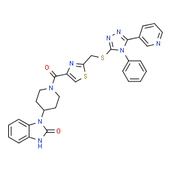 ChemSpider 2D Image | 1-(1-{[2-({[4-Phenyl-5-(3-pyridinyl)-4H-1,2,4-triazol-3-yl]sulfanyl}methyl)-1,3-thiazol-4-yl]carbonyl}-4-piperidinyl)-1,3-dihydro-2H-benzimidazol-2-one | C30H26N8O2S2