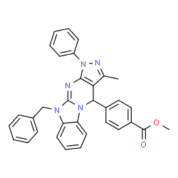 ChemSpider 2D Image | Methyl 4-(10-benzyl-3-methyl-1-phenyl-4,10-dihydro-1H-pyrazolo[3',4':4,5]pyrimido[1,2-a]benzimidazol-4-yl)benzoate | C33H27N5O2