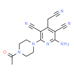 ChemSpider 2D Image | 2-(4-Acetyl-1-piperazinyl)-6-amino-4-(cyanomethyl)-3,5-pyridinedicarbonitrile | C15H15N7O