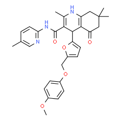 ChemSpider 2D Image | 4-{5-[(4-Methoxyphenoxy)methyl]-2-furyl}-2,7,7-trimethyl-N-(5-methyl-2-pyridinyl)-5-oxo-1,4,5,6,7,8-hexahydro-3-quinolinecarboxamide | C31H33N3O5