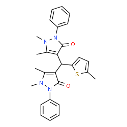 ChemSpider 2D Image | 4,4'-[(5-Methyl-2-thienyl)methylene]bis(1,5-dimethyl-2-phenyl-1,2-dihydro-3H-pyrazol-3-one) | C28H28N4O2S