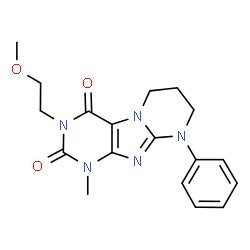 ChemSpider 2D Image | 3-(2-Methoxyethyl)-1-methyl-9-phenyl-6,7,8,9-tetrahydropyrimido[2,1-f]purine-2,4(1H,3H)-dione | C18H21N5O3