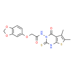 ChemSpider 2D Image | acetamide, 2-(1,3-benzodioxol-5-yloxy)-N-(2-mercapto-5,6-dimethyl-4-oxothieno[2,3-d]pyrimidin-3(4H)-yl)- | C17H15N3O5S2