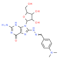 ChemSpider 2D Image | 2-Amino-8-{2-[4-(dimethylamino)benzylidene]hydrazino}-9-pentofuranosyl-3,9-dihydro-6H-purin-6-one | C19H24N8O5