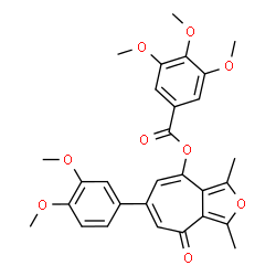 ChemSpider 2D Image | 6-(3,4-Dimethoxyphenyl)-1,3-dimethyl-4-oxo-4H-cyclohepta[c]furan-8-yl 3,4,5-trimethoxybenzoate | C29H28O9