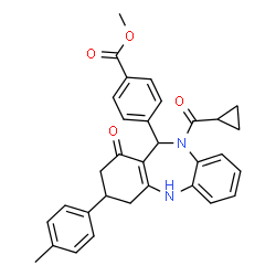 ChemSpider 2D Image | Methyl 4-[10-(cyclopropylcarbonyl)-3-(4-methylphenyl)-1-oxo-2,3,4,5,10,11-hexahydro-1H-dibenzo[b,e][1,4]diazepin-11-yl]benzoate | C32H30N2O4