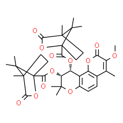 ChemSpider 2D Image | (9R,10R)-3-Methoxy-4,8,8-trimethyl-2-oxo-9,10-dihydro-2H,8H-pyrano[2,3-f]chromene-9,10-diyl bis(4,7,7-trimethyl-3-oxo-2-oxabicyclo[2.2.1]heptane-1-carboxylate) | C36H42O12