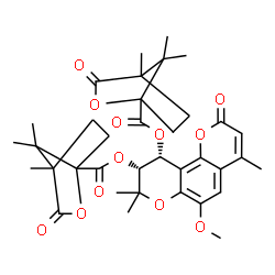 ChemSpider 2D Image | (9R,10R)-6-Methoxy-4,8,8-trimethyl-2-oxo-9,10-dihydro-2H,8H-pyrano[2,3-f]chromene-9,10-diyl bis(4,7,7-trimethyl-3-oxo-2-oxabicyclo[2.2.1]heptane-1-carboxylate) | C36H42O12