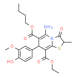 ChemSpider 2D Image | 6-Butyl 8-ethyl 5-amino-7-(4-hydroxy-3-methoxyphenyl)-2-methyl-3-oxo-2,3-dihydro-7H-[1,3]thiazolo[3,2-a]pyridine-6,8-dicarboxylate | C23H28N2O7S