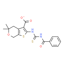 ChemSpider 2D Image | 2-[(Benzoylcarbamothioyl)amino]-5,5-dimethyl-4,7-dihydro-5H-thieno[2,3-c]pyran-3-carboxylate | C18H17N2O4S2