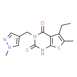 ChemSpider 2D Image | thieno[2,3-d]pyrimidin-4(3H)-one, 5-ethyl-2-mercapto-6-methyl-3-[(1-methyl-1H-pyrazol-4-yl)methyl]- | C14H16N4OS2