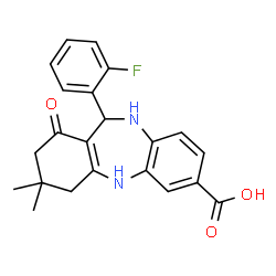 ChemSpider 2D Image | 11-(2-Fluorophenyl)-3,3-dimethyl-1-oxo-2,3,4,5,10,11-hexahydro-1H-dibenzo[b,e][1,4]diazepine-7-carboxylic acid | C22H21FN2O3