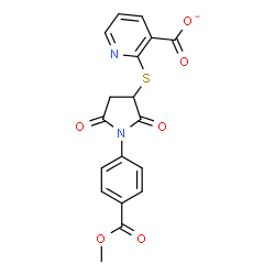 ChemSpider 2D Image | 2-({1-[4-(Methoxycarbonyl)phenyl]-2,5-dioxo-3-pyrrolidinyl}sulfanyl)nicotinate | C18H13N2O6S
