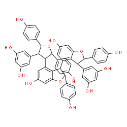 ChemSpider 2D Image | 3'-(3,5-Dihydroxyphenyl)-4-[4-(3,5-dihydroxyphenyl)-2,5-bis(4-hydroxyphenyl)tetrahydro-3-furanyl]-2,2'-bis(4-hydroxyphenyl)-2,2',3,3'-tetrahydro-3,4'-bi-1-benzofuran-6,6'-diol | C56H44O13