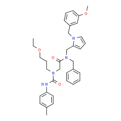 ChemSpider 2D Image | N-Benzyl-N~2~-(3-ethoxypropyl)-N-{[1-(3-methoxybenzyl)-1H-pyrrol-2-yl]methyl}-N~2~-[(4-methylphenyl)carbamoyl]glycinamide | C35H42N4O4