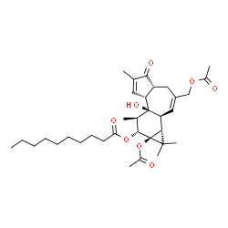ChemSpider 2D Image | (1aR,1bS,4aR,7aR,7bR,8R,9R,9aS)-9a-Acetoxy-3-(acetoxymethyl)-7b-hydroxy-1,1,6,8-tetramethyl-5-oxo-1a,1b,4,4a,5,7a,7b,8,9,9a-decahydro-1H-cyclopropa[3,4]benzo[1,2-e]azulen-9-yl decanoate | C34H50O8